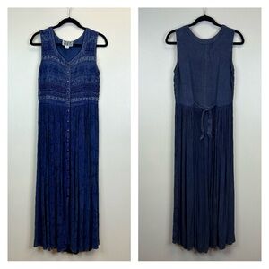 Vintage Boho Chic Indigo Sleeveless Maxi Dress Button Up Womens M Fairycore